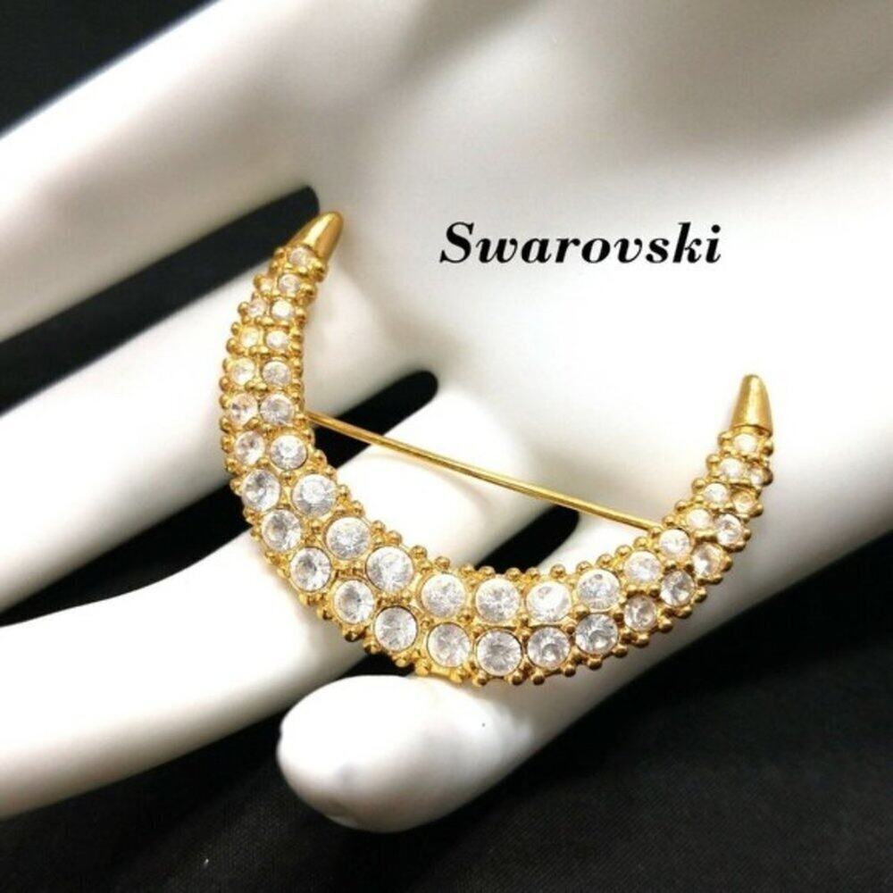 Swarovski Swan Signed Clear Crystal Crescent Moon Brooch Gold Tone